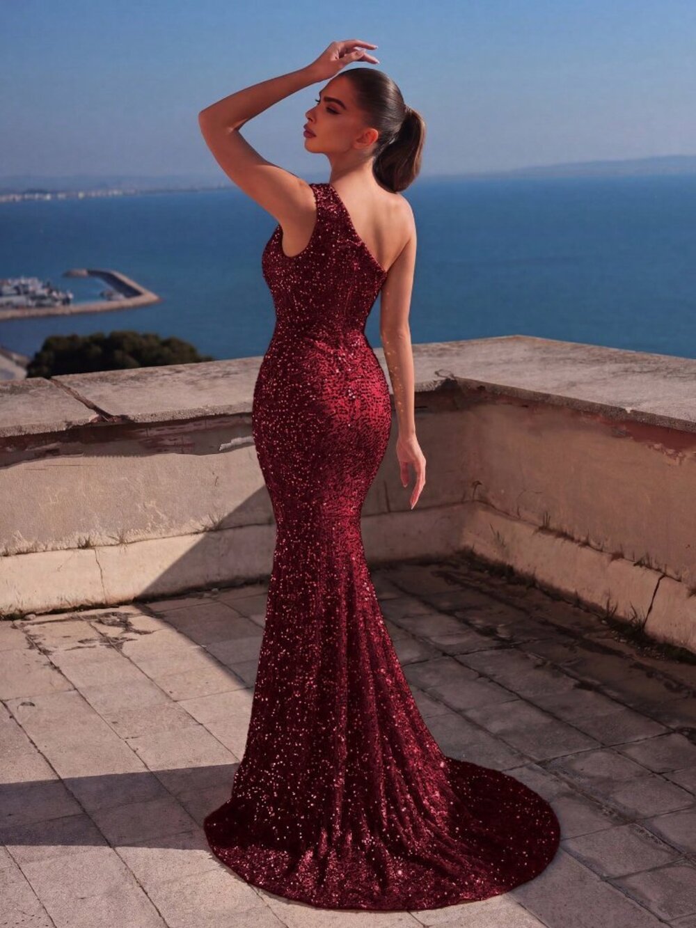 Burgundy Preppy Womens One Shoulder Mermaid Hem high slit Sequin Formal Dress - Picture 2 of 4